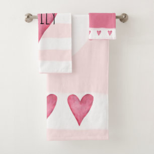 Pink Heart Typography Baby Love with Name Bath Towel Set