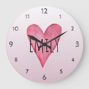 Pink Heart Typography Girl Love & Name Nursery Large Clock