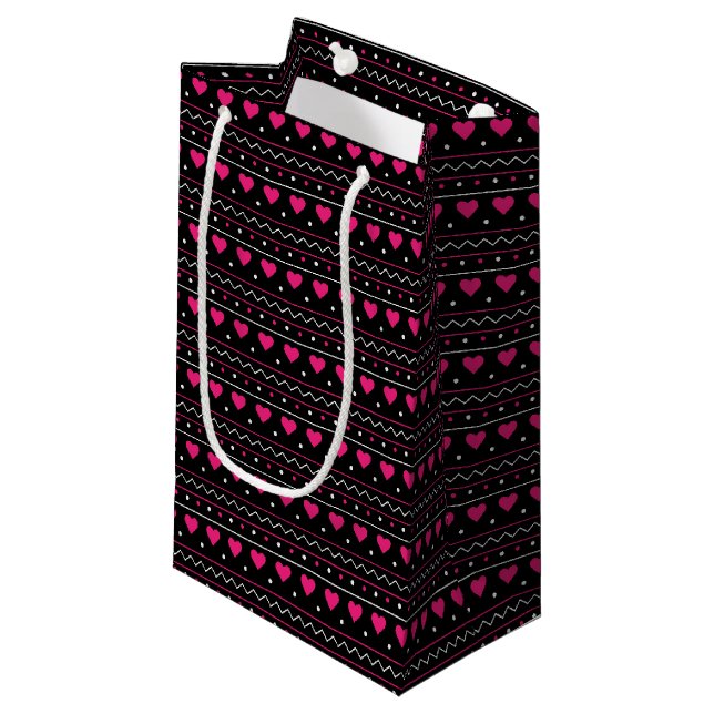 Pink heart valentine love pattern black background small gift bag (Front Angled)