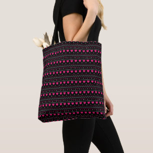 Pink heart valentine love pattern black background tote bag