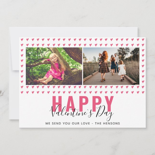 Pink Heart Valentine`s Day Script Family Photo Holiday Card (Front)