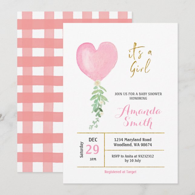 Pink Heart Watercolor Balloon Girl Baby Shower Invitation (Front/Back)