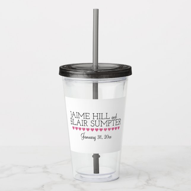 Pink Heart Wedding Logo Acrylic Tumbler with Straw (Front)