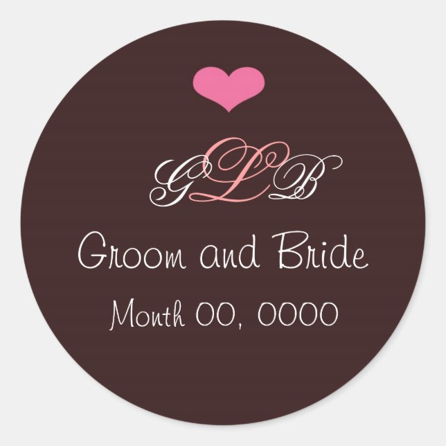 Pink Heart Wedding Monogram Sticker (Front)