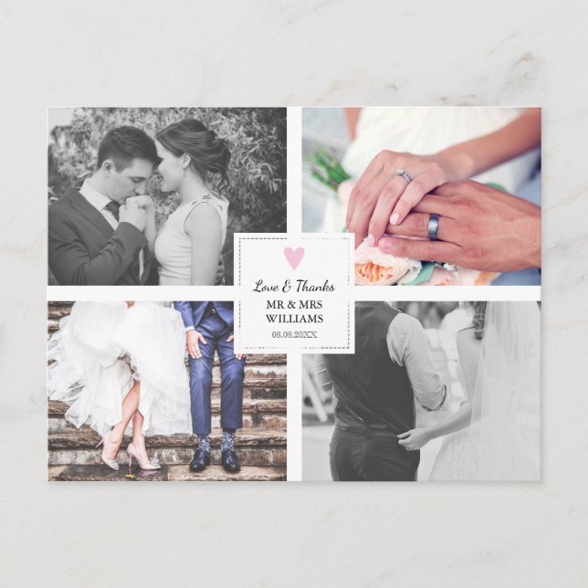 Pink Heart | Wedding Photo Collage | Love & Thanks Postcard (Front)