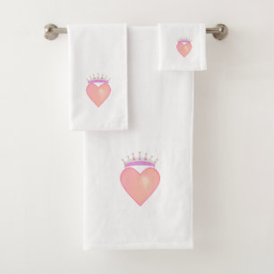 Pink Heart with Crown on White Bath Bath Towel Set
