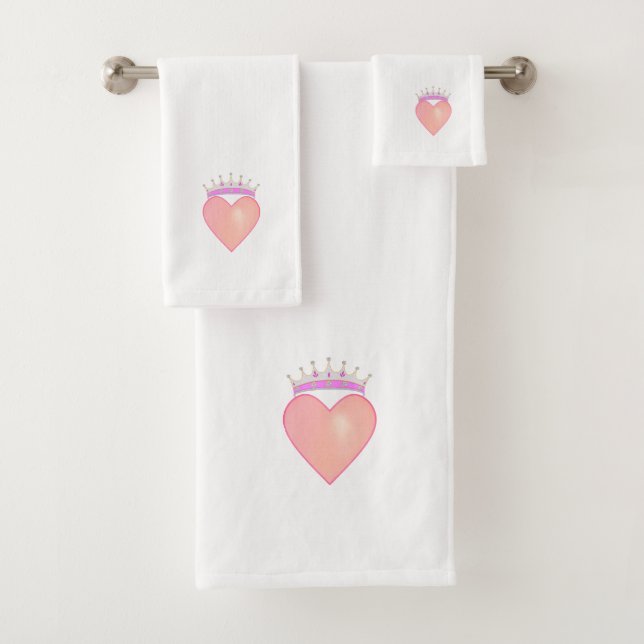 Pink Heart with Crown on White Bath Towel Set (Insitu)