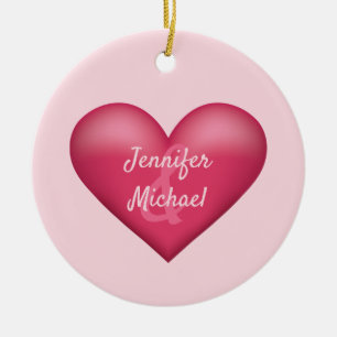 Pink Heart With Custom Couple Names Ceramic Tree Decoration