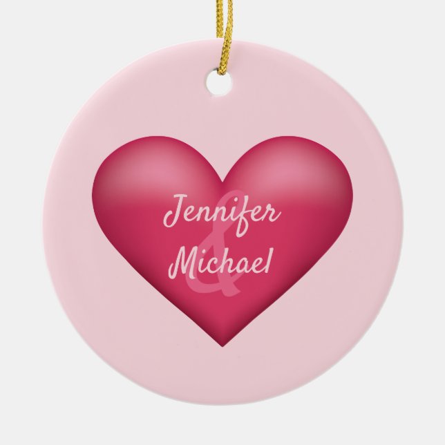 Pink Heart With Custom Couple Names Ceramic Tree Decoration (Front)