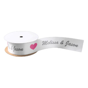 Pink Heart With Custom Wedding Couple Names Satin Ribbon