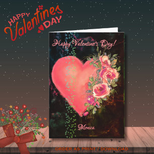 Pink Heart with Roses Valentine's Day Card