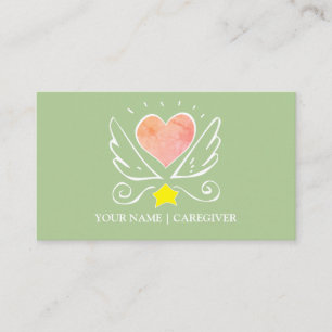 Pink Heart With Wings Caregiver On Blue Business Card