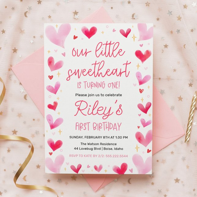 Pink Hearts 1st Birthday Our Little Sweetheart Invitation (Creator Uploaded)