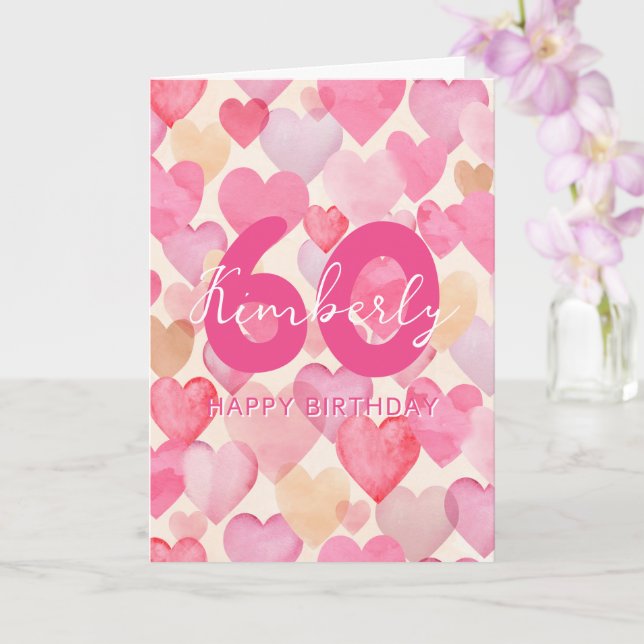 Pink Hearts 60th Birthday Greeting Card (Orchid)