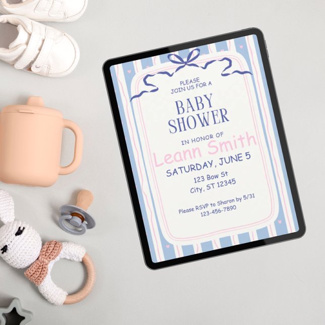 Pink hearts and Blue Bows Baby Shower Invitation (Creator Uploaded)