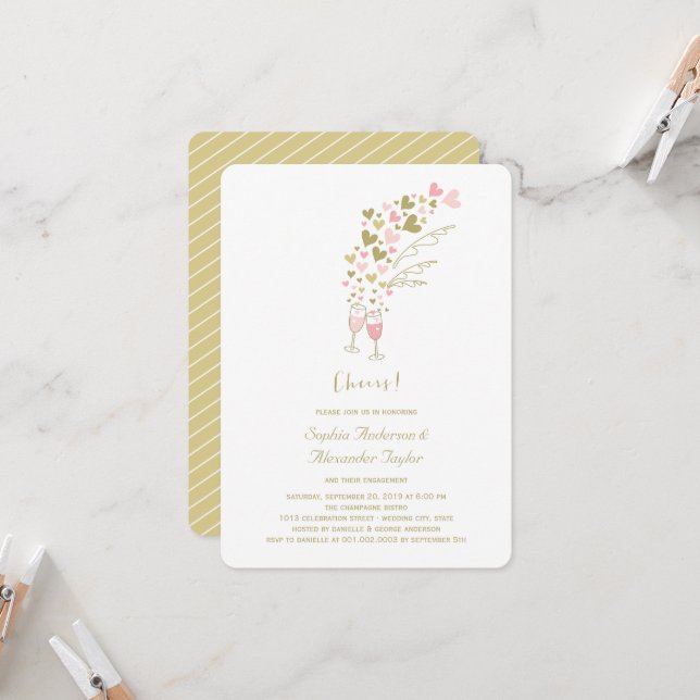 Pink Hearts And Champagne Cheers Engagement Party Invitation (Front/Back In Situ)