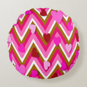 Pink Hearts And Chevrons Round Cushion
