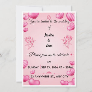 Pink Hearts and Cupids Wedding Invitation