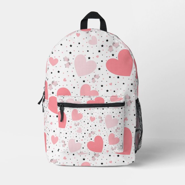 Pink hearts and piggy printed backpack (Front)