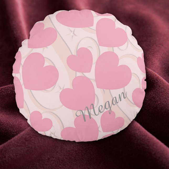 Pink Hearts and Ribbon Personalised Valentine Round Cushion (Creator Uploaded)