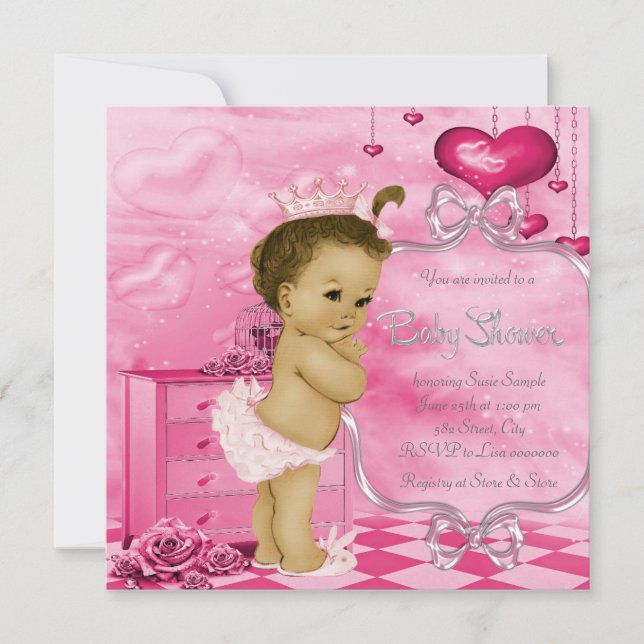 Pink Hearts and Roses African American Baby Shower Invitation (Front)