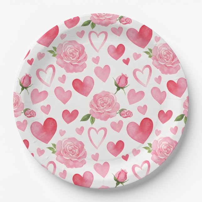Pink Hearts and Roses Paper Plate (Front)