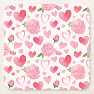 Pink Hearts and Roses Square Paper Coaster