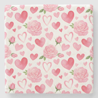 Pink Hearts and Roses Stone Coaster