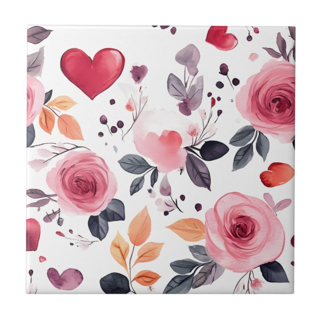 Pink Hearts and Roses Tile (Front)