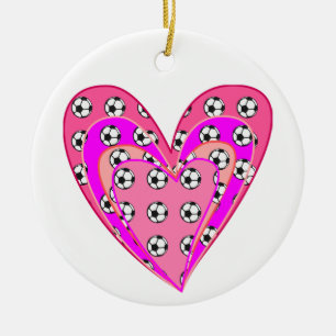 Pink Hearts And Soccer Balls Pattern Ceramic Tree Decoration