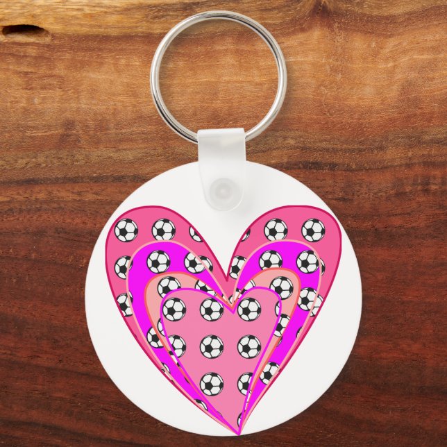Pink Hearts And Soccer Balls Pattern Key Ring (Front)
