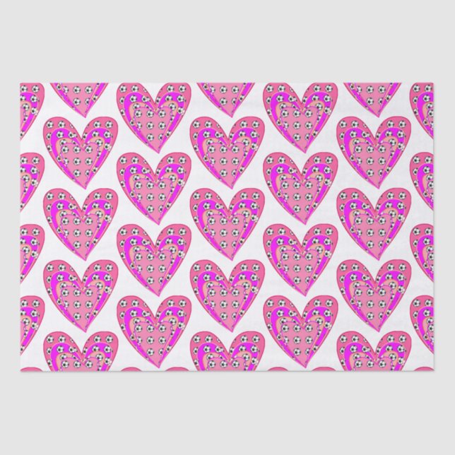 Pink Hearts And Soccer Balls Pattern Tissue Paper (Front)