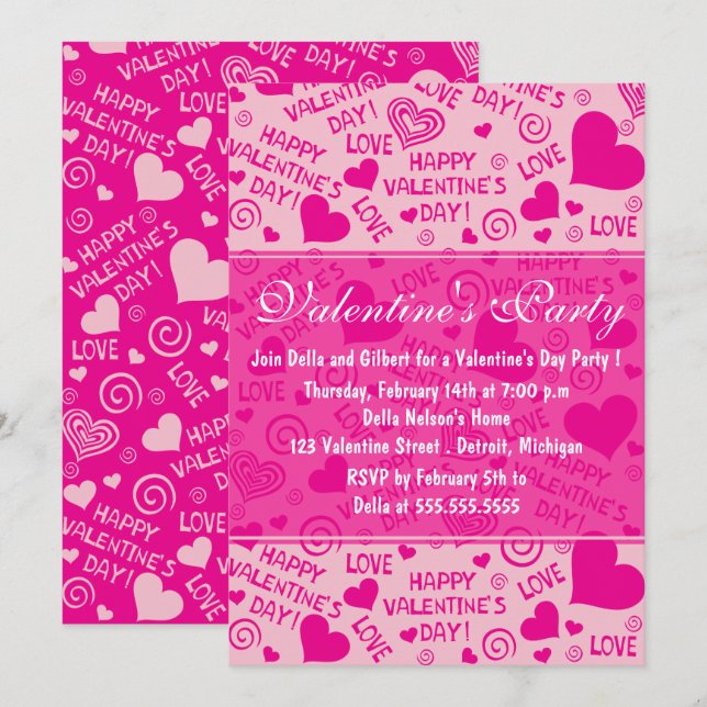 Pink Hearts and Typography Valentine's Day Party Invitation (Front/Back)