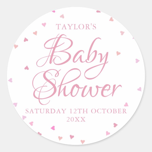 Pink hearts baby shower classic round sticker (Front)