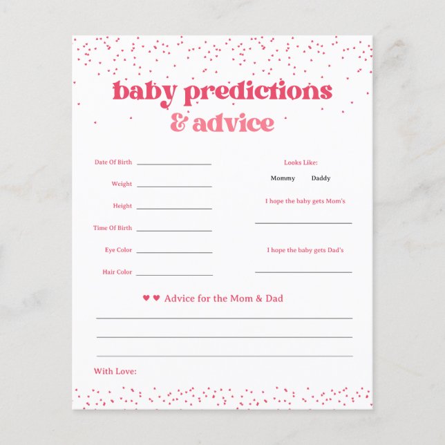 Pink Hearts Baby Shower Predictions Game Flyer (Front)