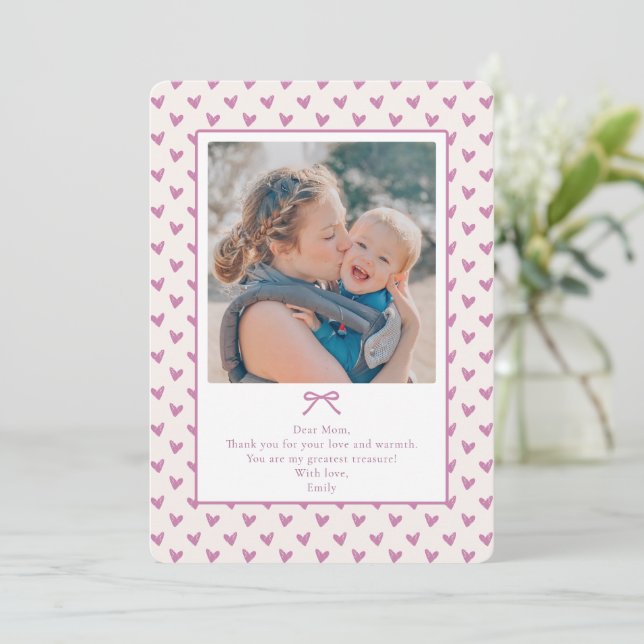 Pink, hearts background, mother's Day photo card,  Invitation (Standing Front)
