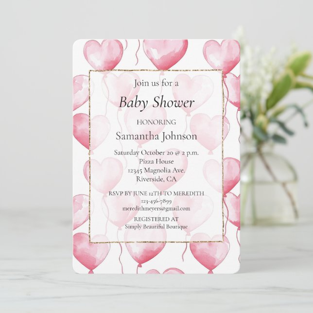Pink Hearts Balloons Baby Shower Invitation (Standing Front)