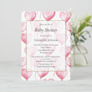 Pink Hearts Balloons Baby Shower Invitation