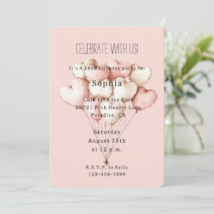Pink Hearts Balloons Birthday Invitation