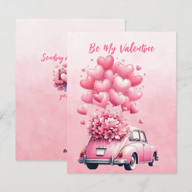 Pink Hearts Balloons Car In Pink  Holiday Card (Front/Back)