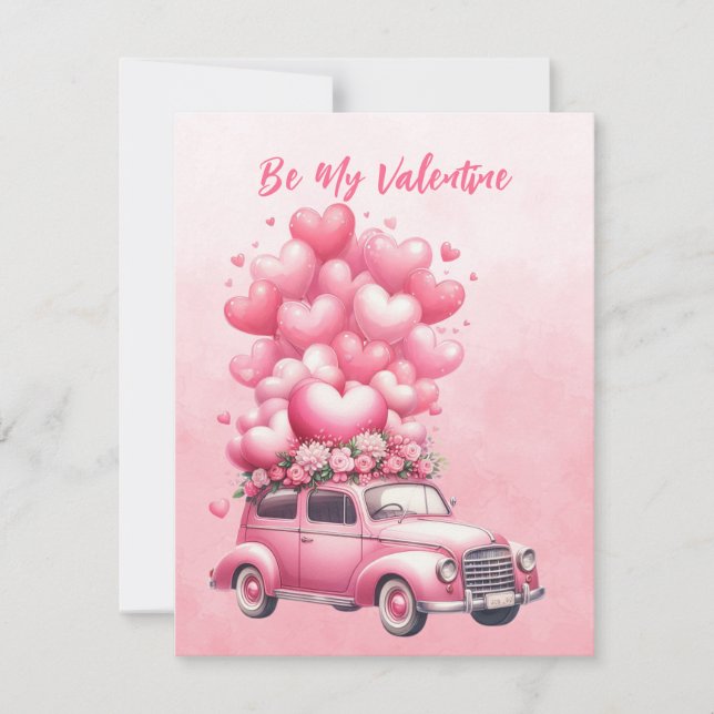 Pink Hearts Balloons Car In Pink  Holiday Card (Front)