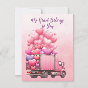 Pink Hearts Balloons Truck In Pink  Holiday Card