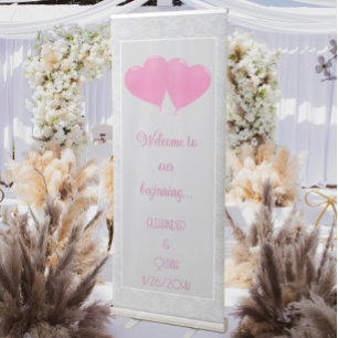 Pink Hearts Balloons Wedding Retractable Banner