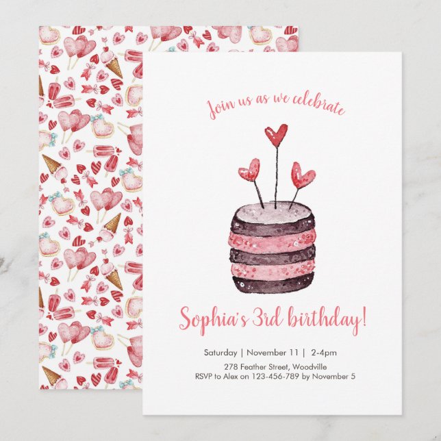 Pink Hearts Birthday Cake Invitation (Front/Back)