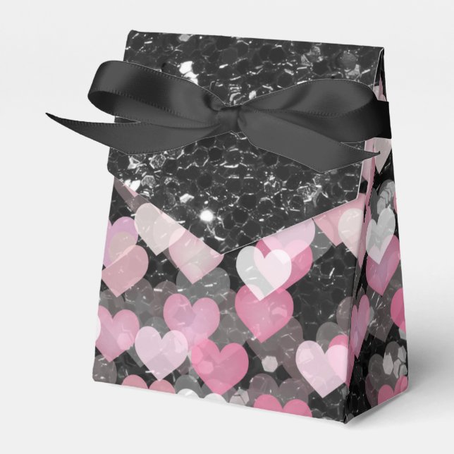 Pink Hearts Black Faux Glitter Black Bow Favour Box (Front Side)