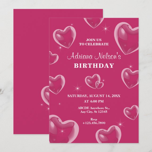 Pink Hearts bubble birthday Invitation (Front/Back)
