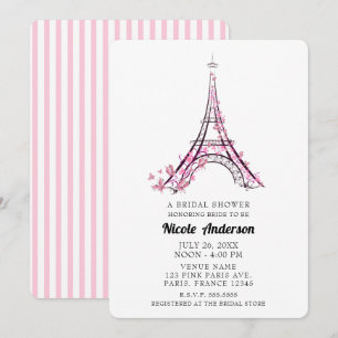 Pink Hearts Butterflies Paris Eiffel Tower Bridal Invitation