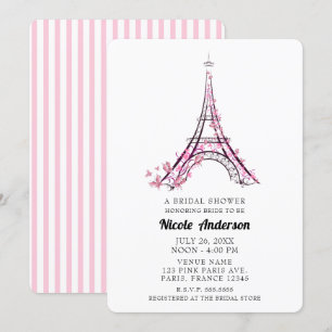 Pink Hearts Butterflies Paris Eiffel Tower Bridal Invitation