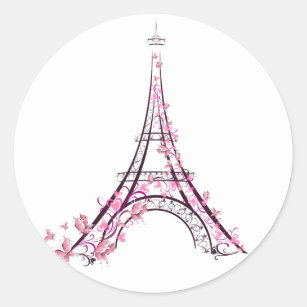 Pink Hearts & Butterflies Paris Eiffel Tower Classic Round Sticker