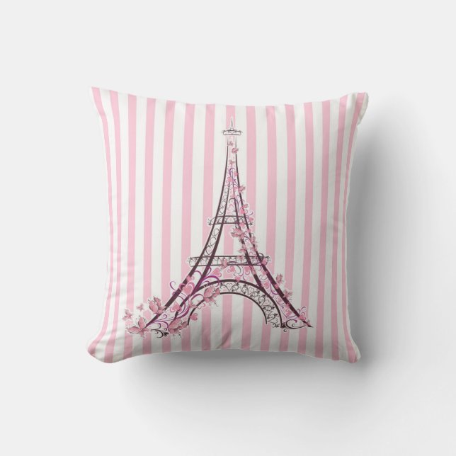 Pink Hearts & Butterflies Paris Eiffel Tower Cushion (Front)